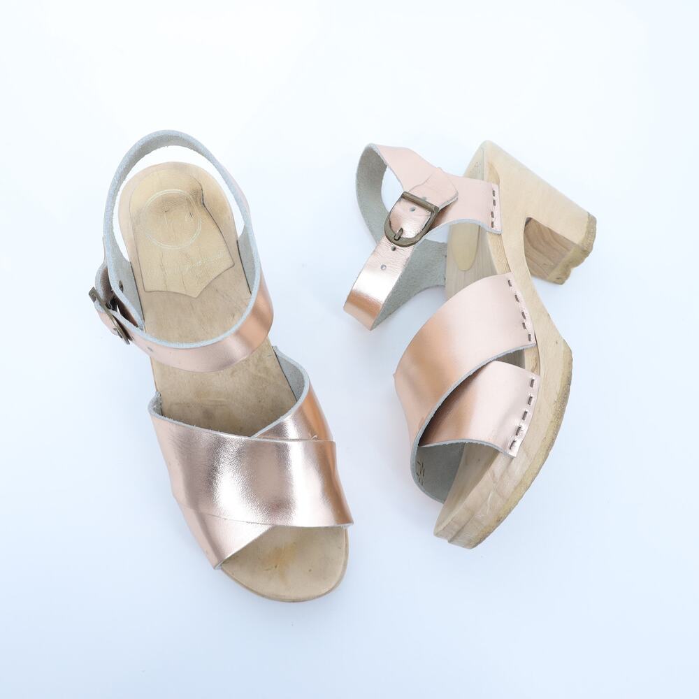 NO. 6 Coco Clog Cross Top Leather Heeled Sandals Rose Gold Women's 39/US 9